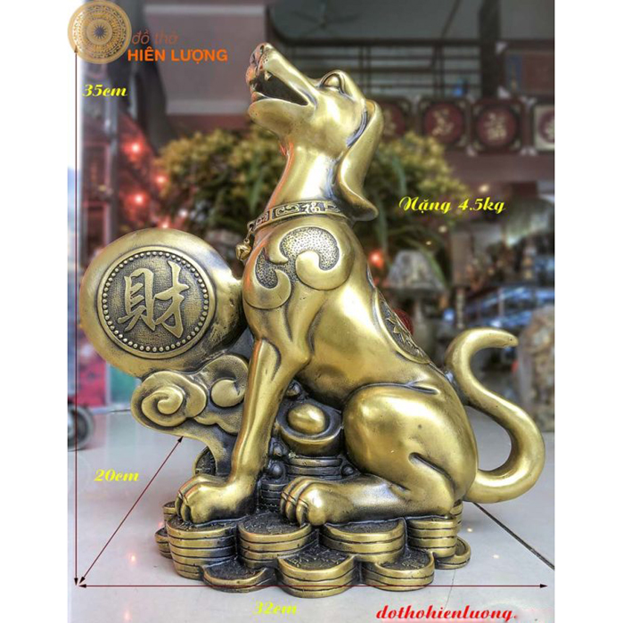 Tượng Chó Chữ Phúc Ngồi Bệ Vàng