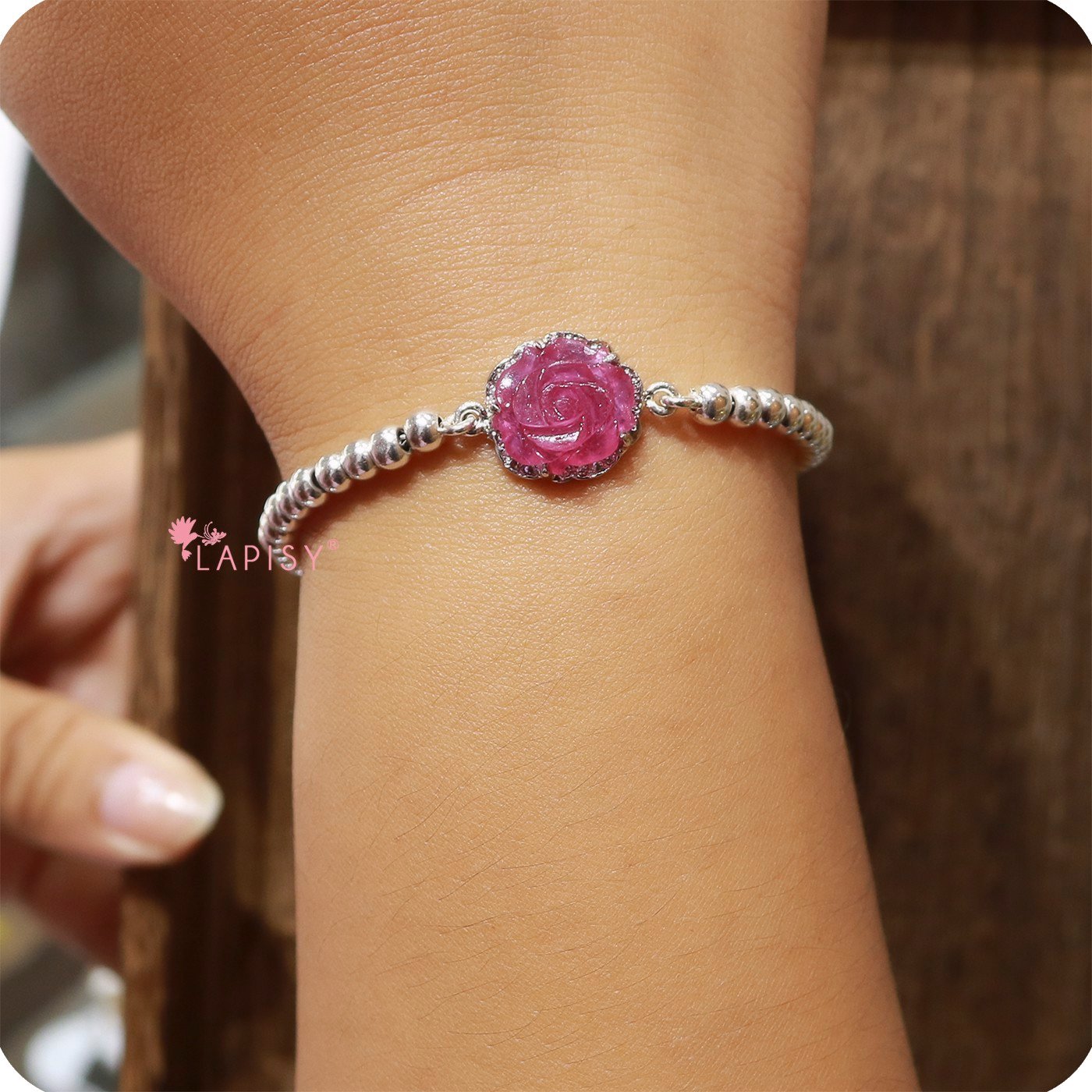 Lắc tay hoa mẫu đơn ruby+bi bạc 925