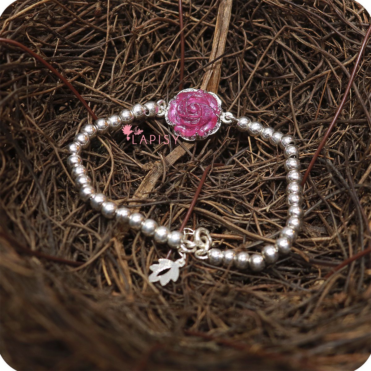 Lắc tay hoa mẫu đơn ruby+bi bạc 925