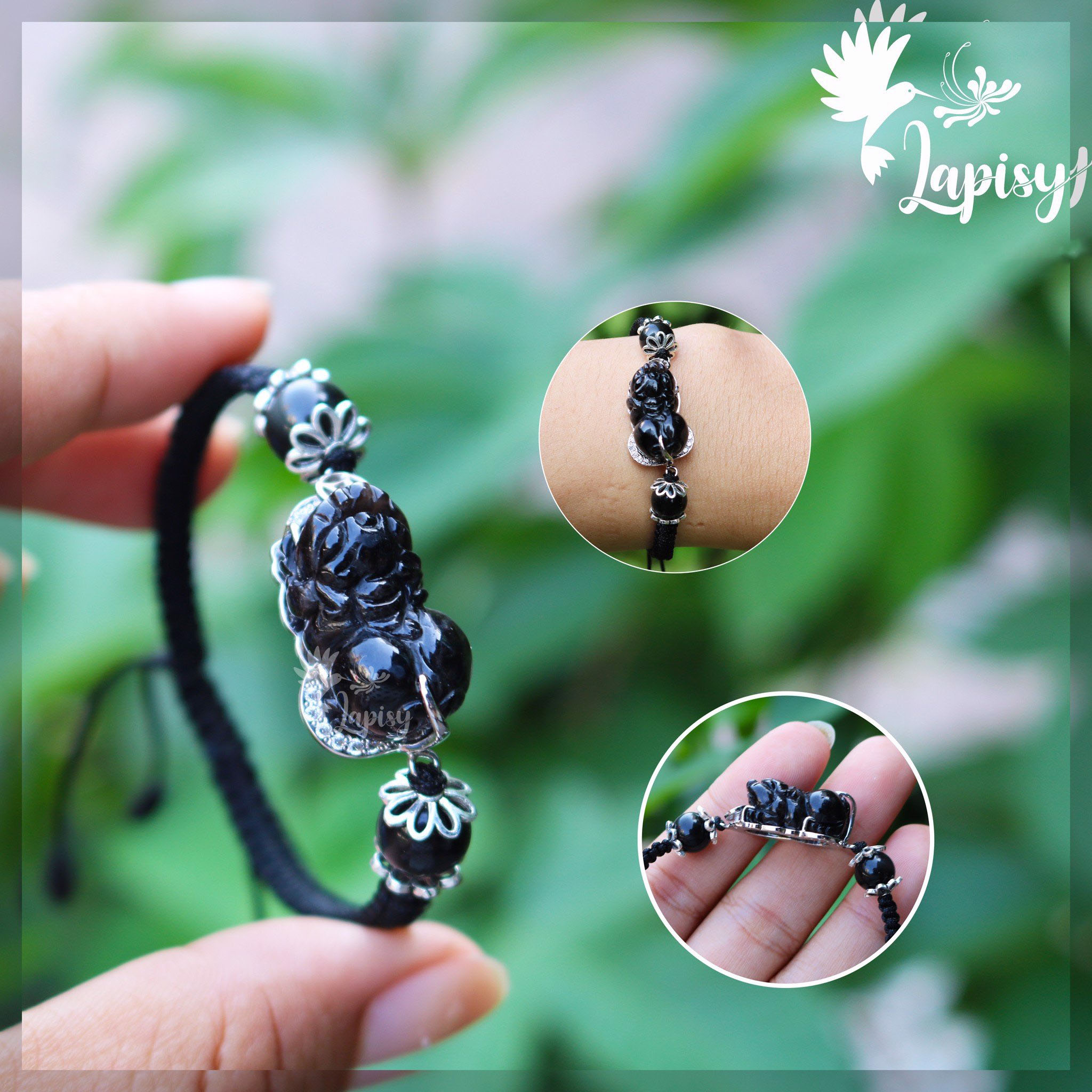 Vòng Tỳ Hưu Thạch Anh Đen Tết Dây Vải