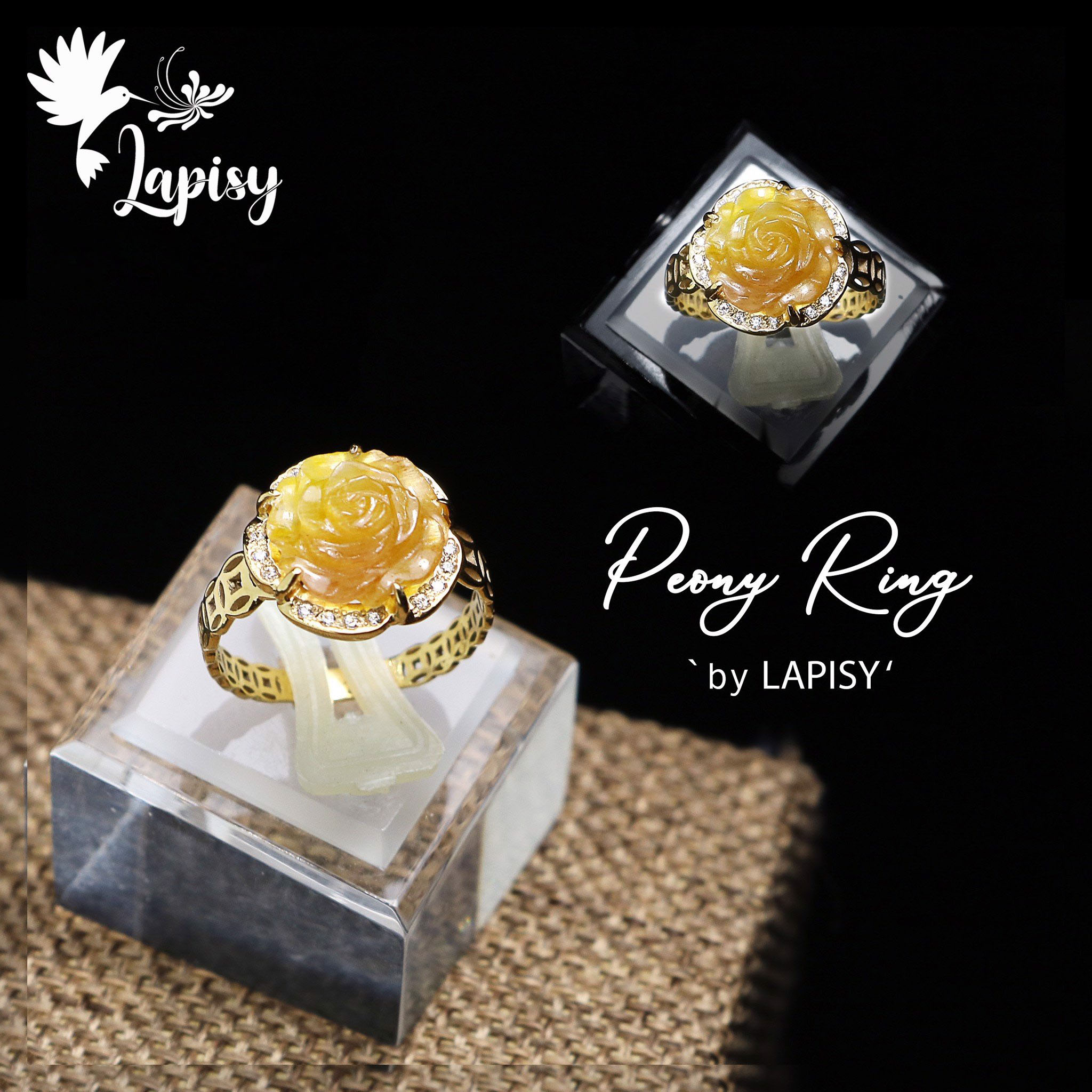 Nhẫn hoa mẫu đơn thạch anh tóc vàng