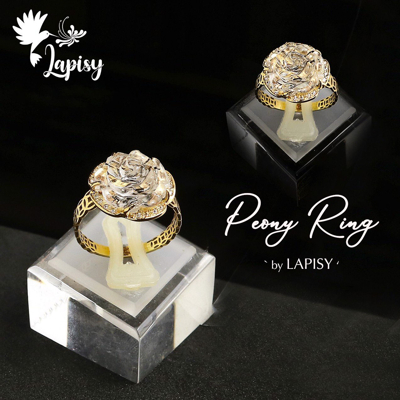 Nhẫn hoa mẫu đơn thạch anh tóc đen