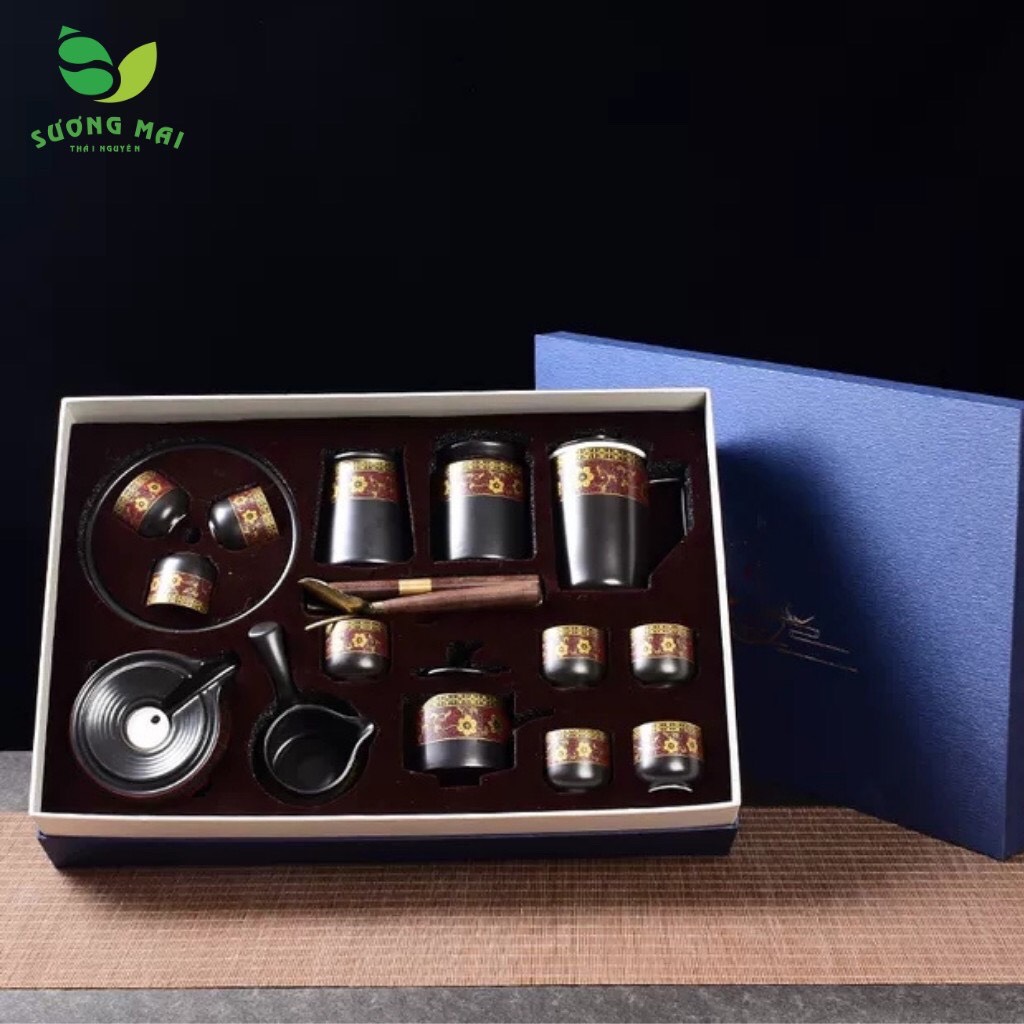 Bộ ấm chén pha trà cối xay SM012 Hoa Cẩm Đỏ - 16 món