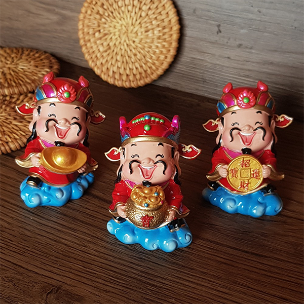 Bộ 03 tượng chibi Thần Tài 7.5cm (thỏi vàng + chậu vàng + đồng xu vàng)