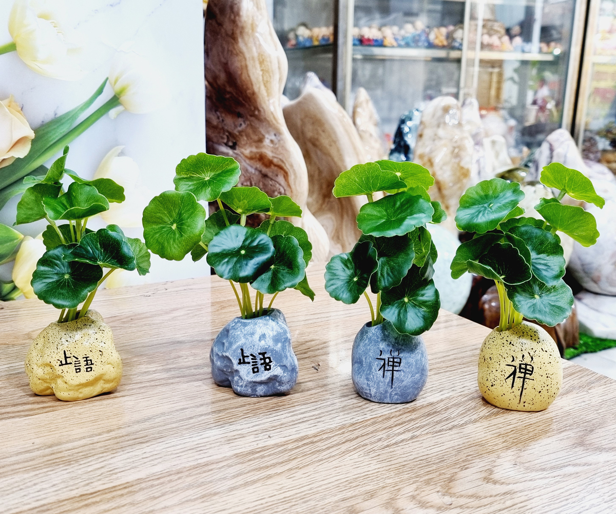 (Chọn mẫu) Bộ Ngũ Phúc cao cấp + Di Lặc + túi vàng + chậu cây + chân đế ngang 8 ô