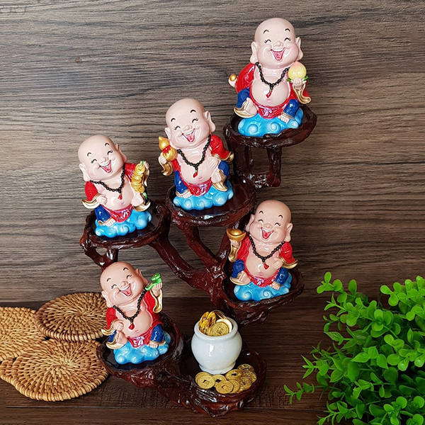 Bộ 05 tượng Di Lặc 7cm kèm đế và chum vàng