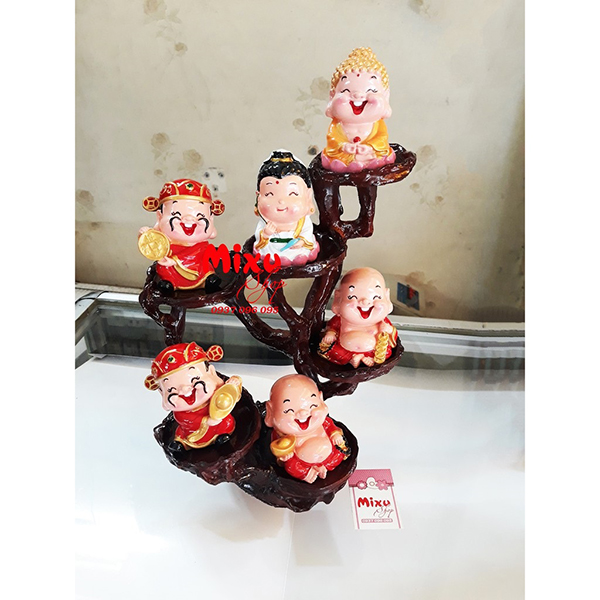 Bộ 06 tượng Phật Tổ + Quan Âm + Cặp Di Lặc + Cặp Thần Tài 6cm kèm đế đứng