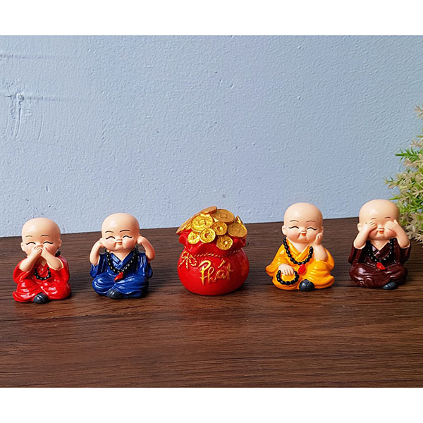 Bộ 04 chú tiểu Tứ Không đeo chuỗi kèm túi đỏ chữ PHÁT