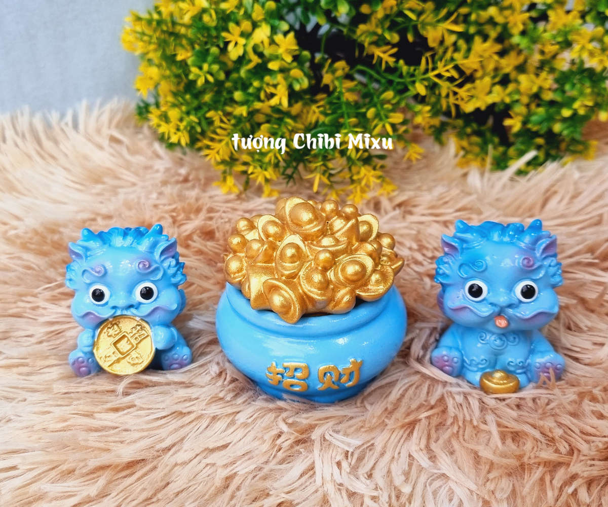 Cặp Kỳ Lân nhỏ kèm chậu vàng - Mẫu Lân xanh dương