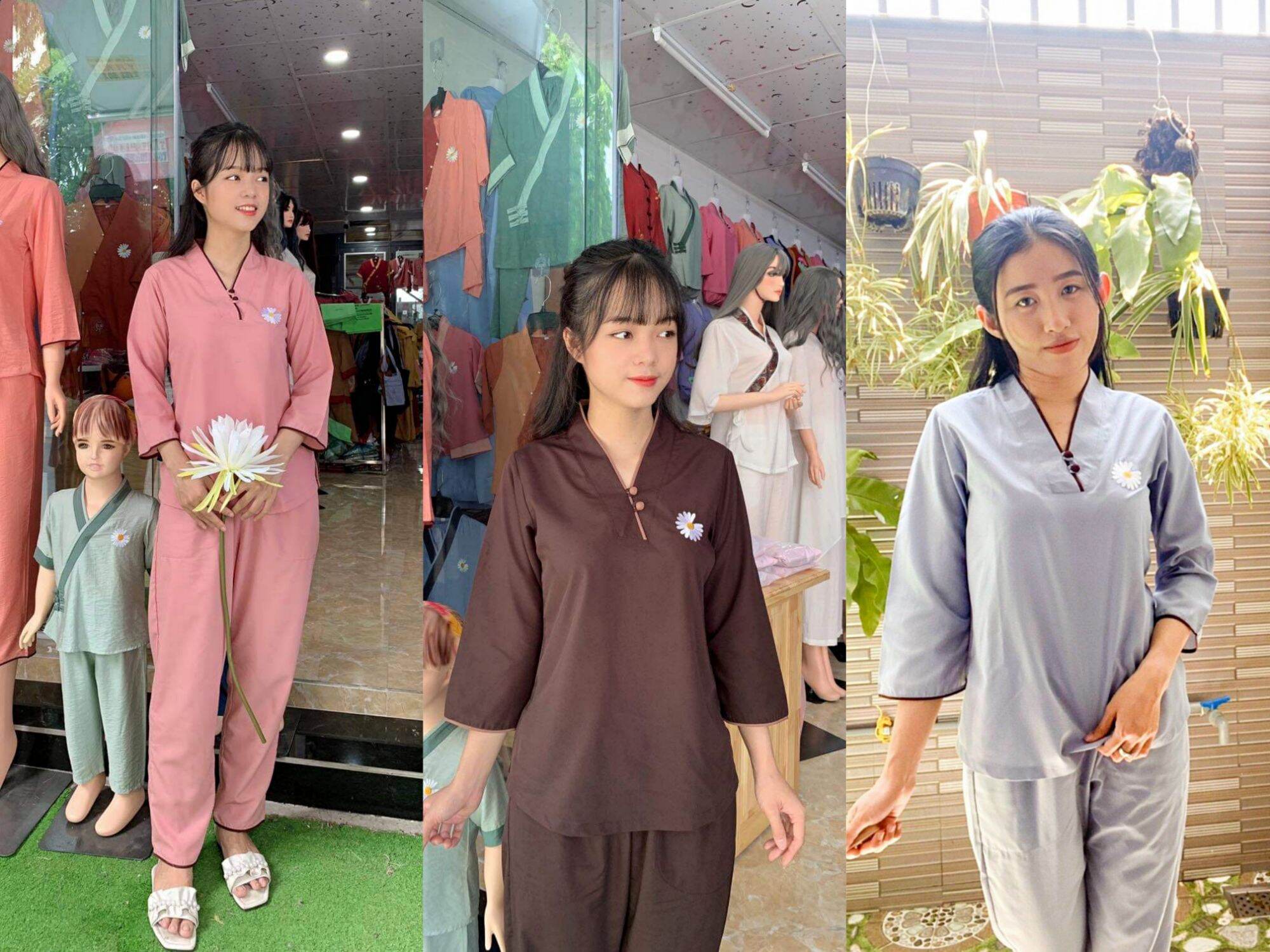 Đồ bộ nữ đi chùa,đồ lam mẫu hoa cúc họa my chất vải kate (nâu)