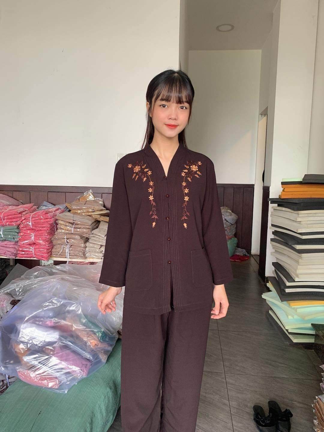 Đồ bộ đi chùa, bộ nữ Trung niên, balai siêu (nâu)