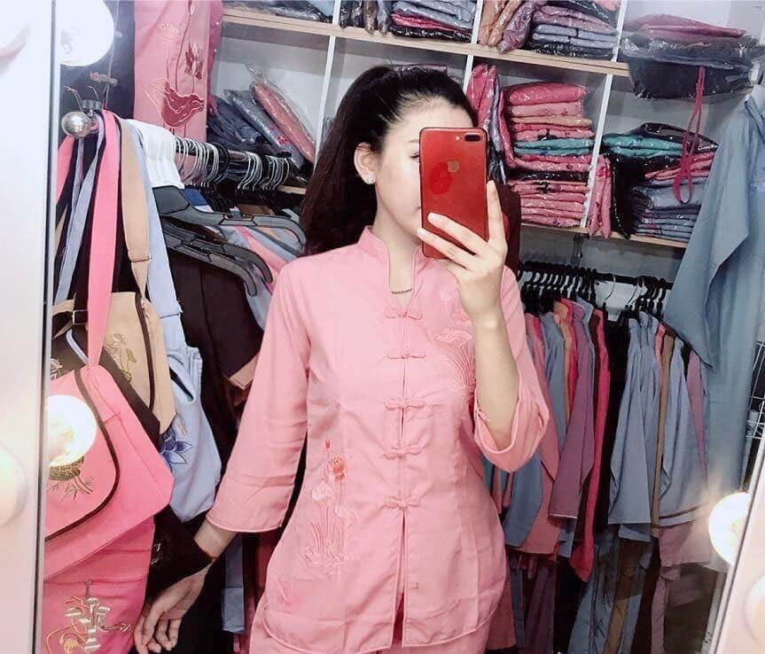 Đồ bộ nữ đi chùa sẩm thêu sen (hồng vôi)