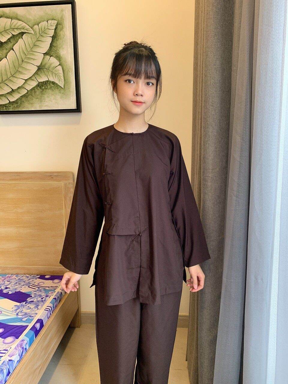 Đồ bộ đi chùa hò truyền thống nam nữ (nâu)