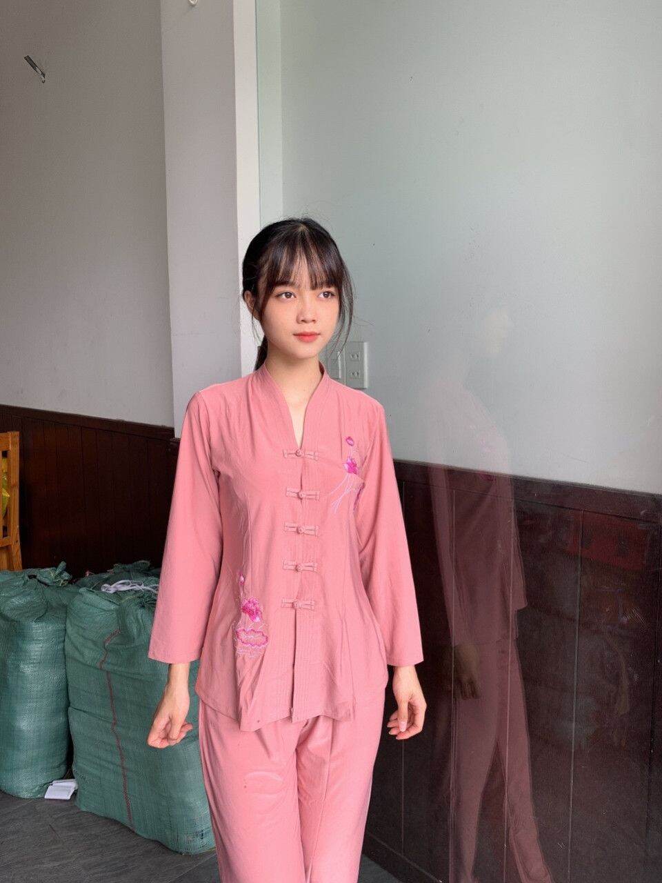 Đồ lam, đồ bộ đi chùa nữ thun nút thắt (hồng)