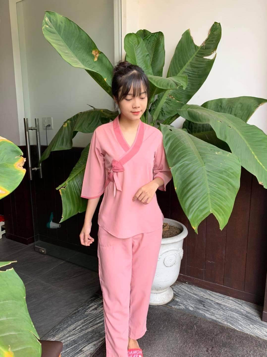 Đồ bộ nữ đi chùa nơ phối (hồng nhạt)