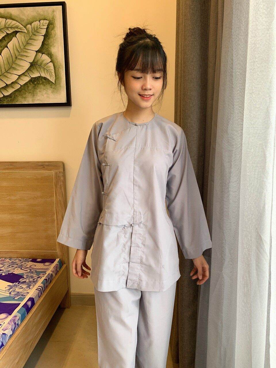 Đồ bộ đi chùa hò truyền thống nam nữ (lam)