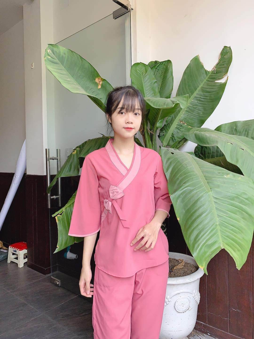 Đồ bộ nữ đi chùa nơ phối (hồng đậm)