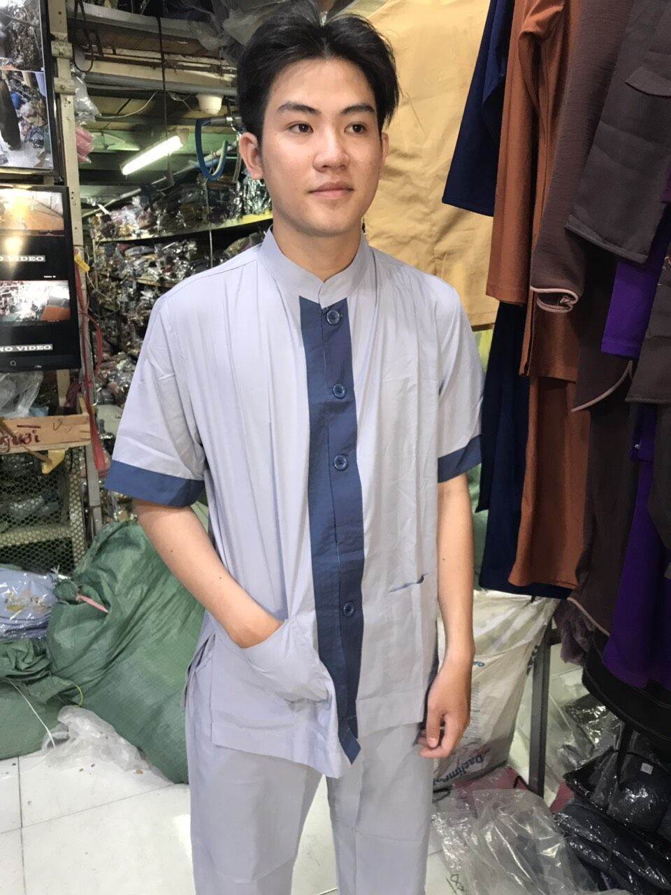 Đồ bộ nam Phật tử lãnh tụ phối nam (lam)