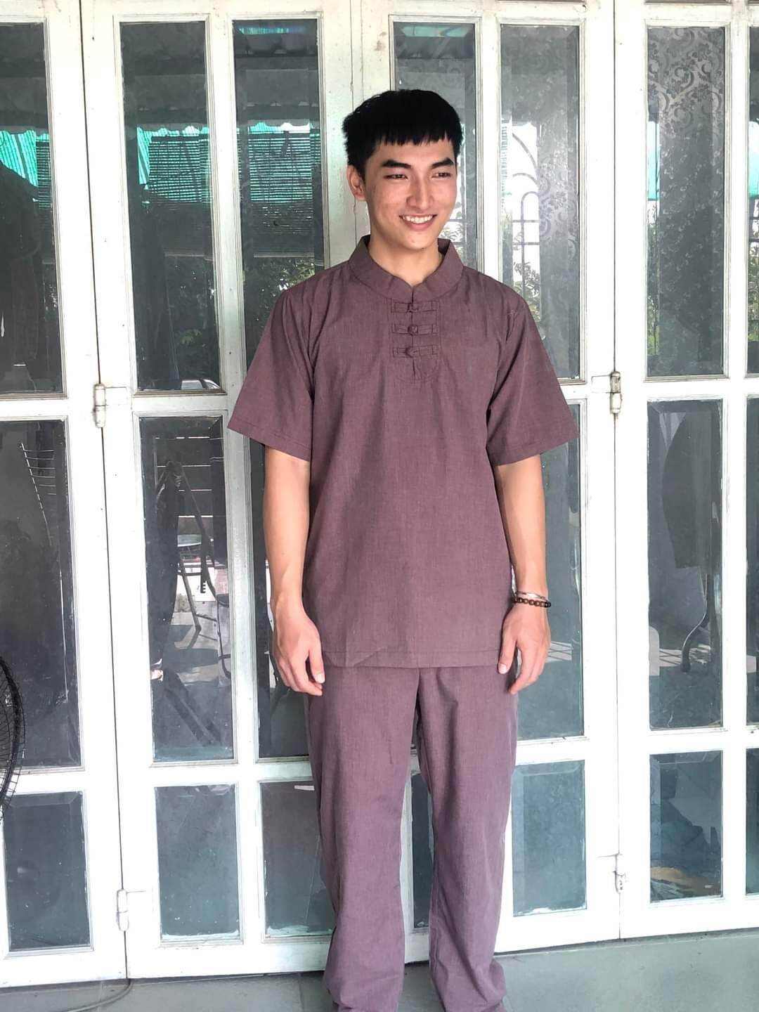 Bộ nam đi chùa vải kte cao cấp nam 3 nút (xô nâu)