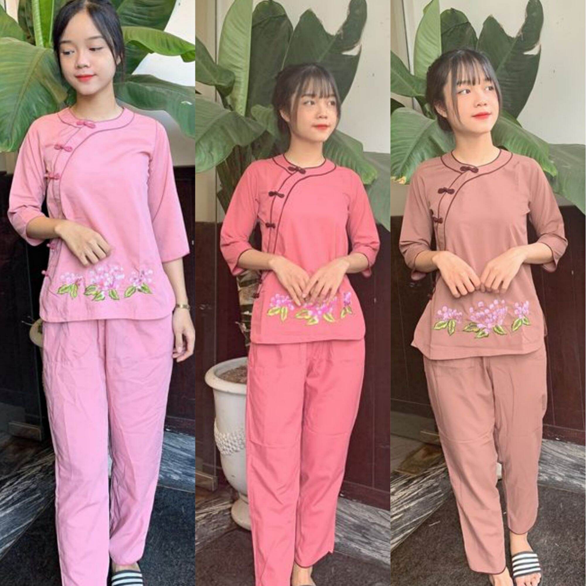 Bộ vải Kate đi chùa viền đôi (hồng vôi)