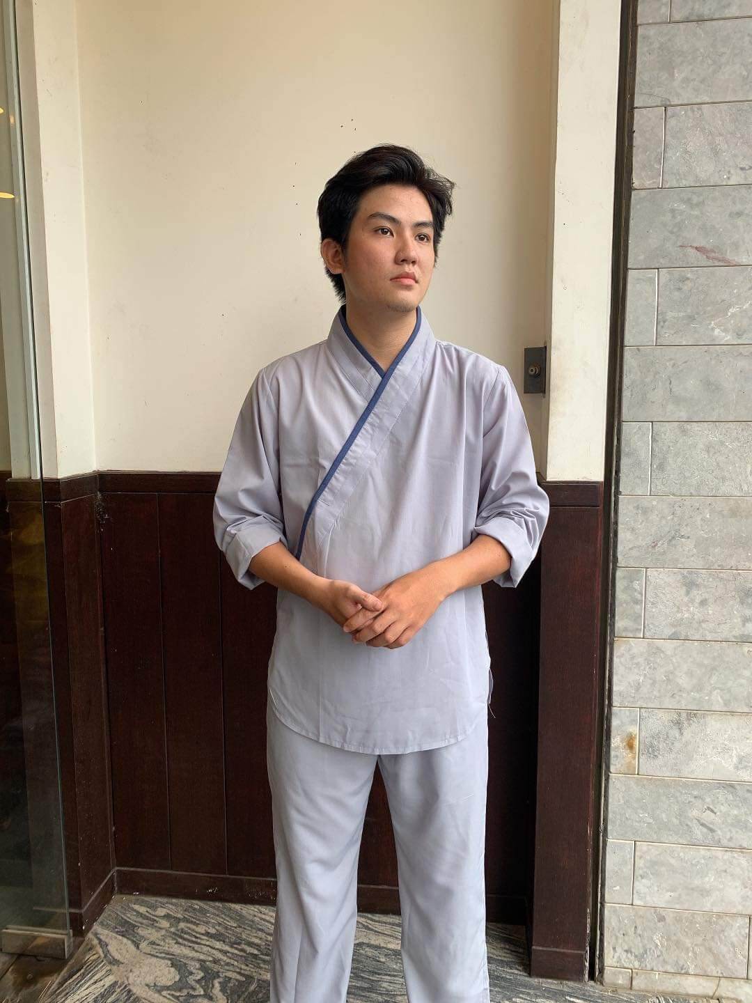 Đồ bộ nam đi chùa cổ chéo vải kte (lam)