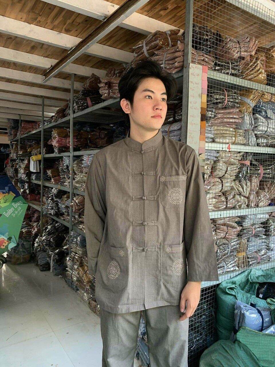 Đồ nam đi chùa cao cấp, vải tixi (rêu)