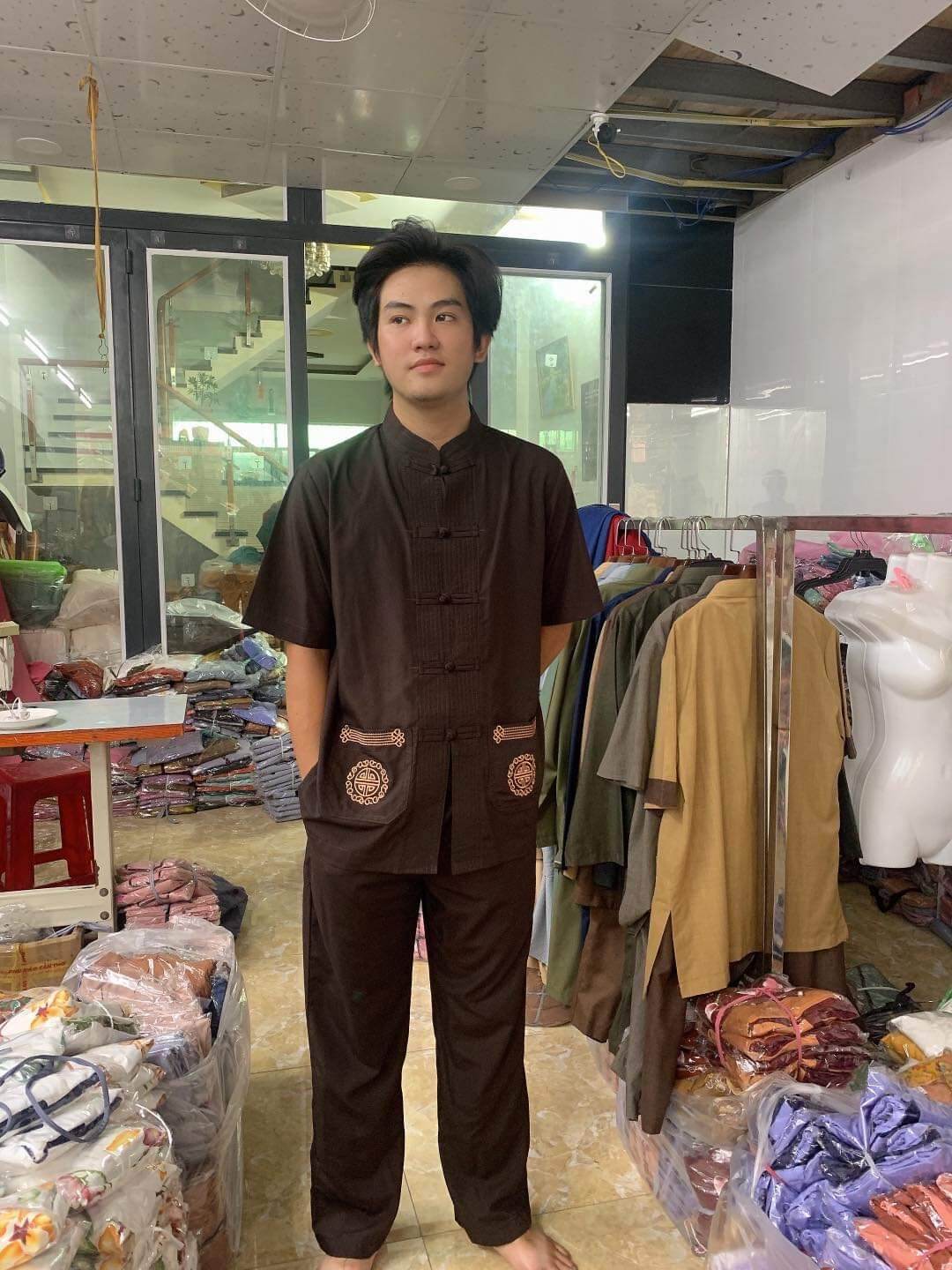 Bộ nam đi chùa cao cấp kate (nâu)