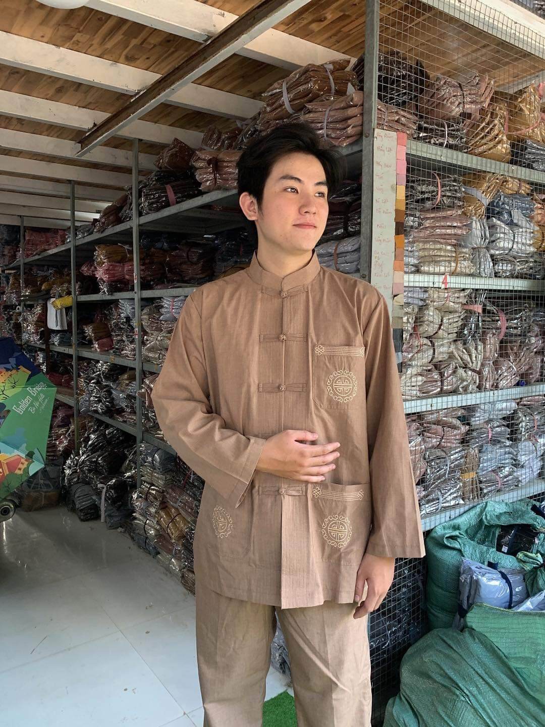 Đồ nam đi chùa cao cấp, vải tixi (gừng)