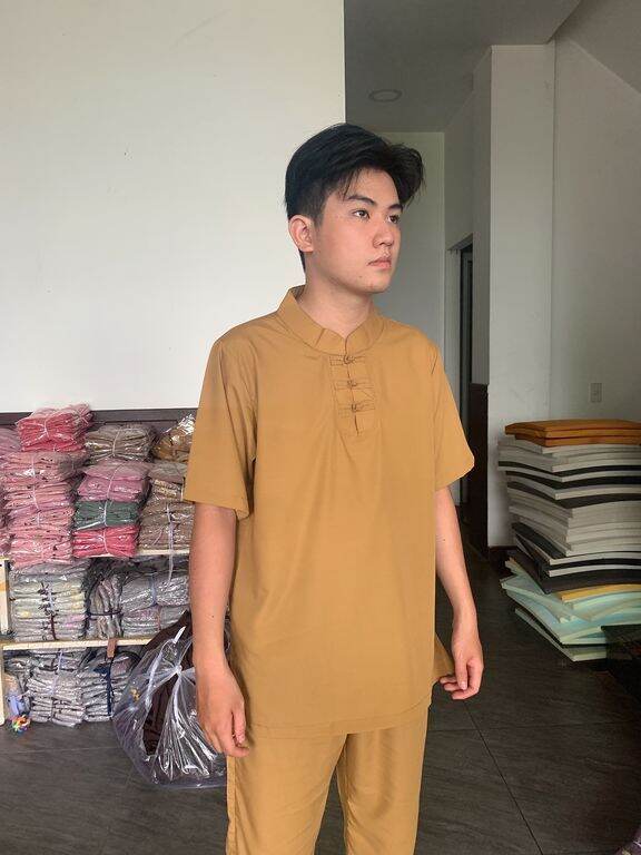 Bộ nam đi chùa vải kte cao cấp nam 3 nút (gừng)