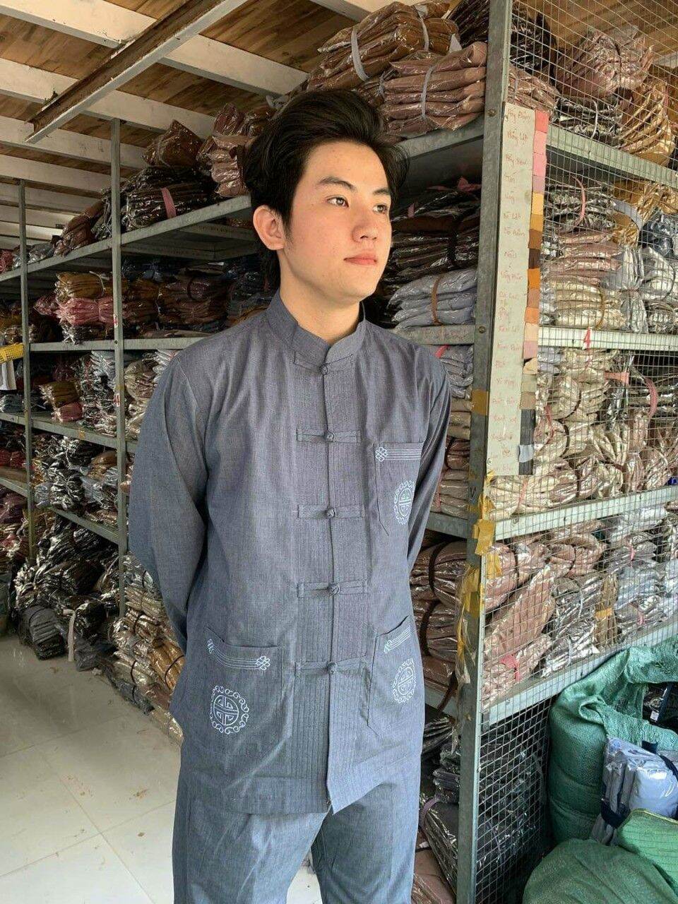 Đồ nam đi chùa cao cấp, vải tixi (xanh đá)