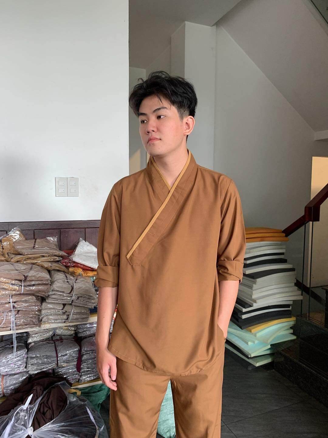 Đồ bộ nam đi chùa cổ chéo vải kte (bò)