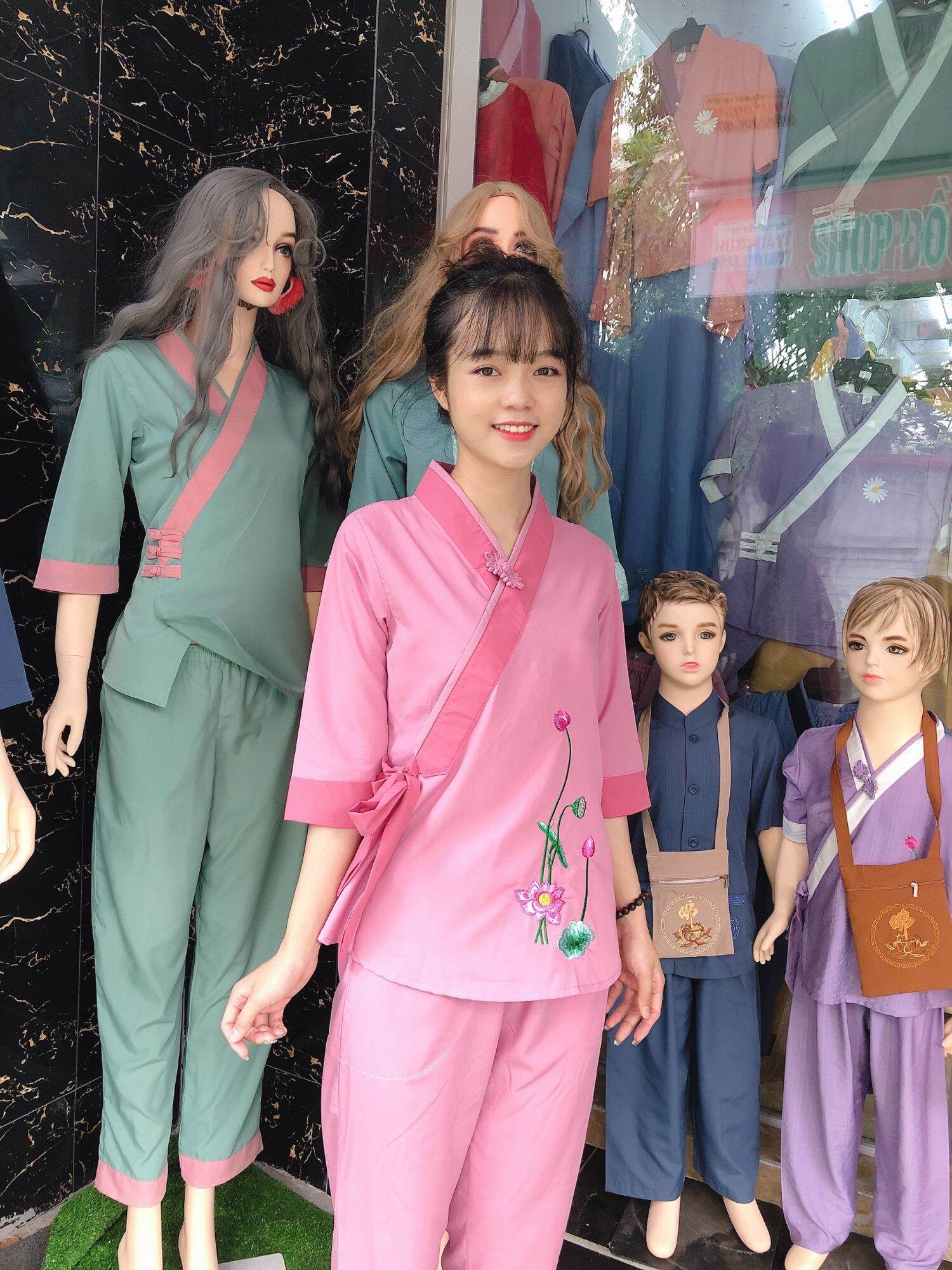 Đồ lam nữ phật tử phối sen (hồng tím)