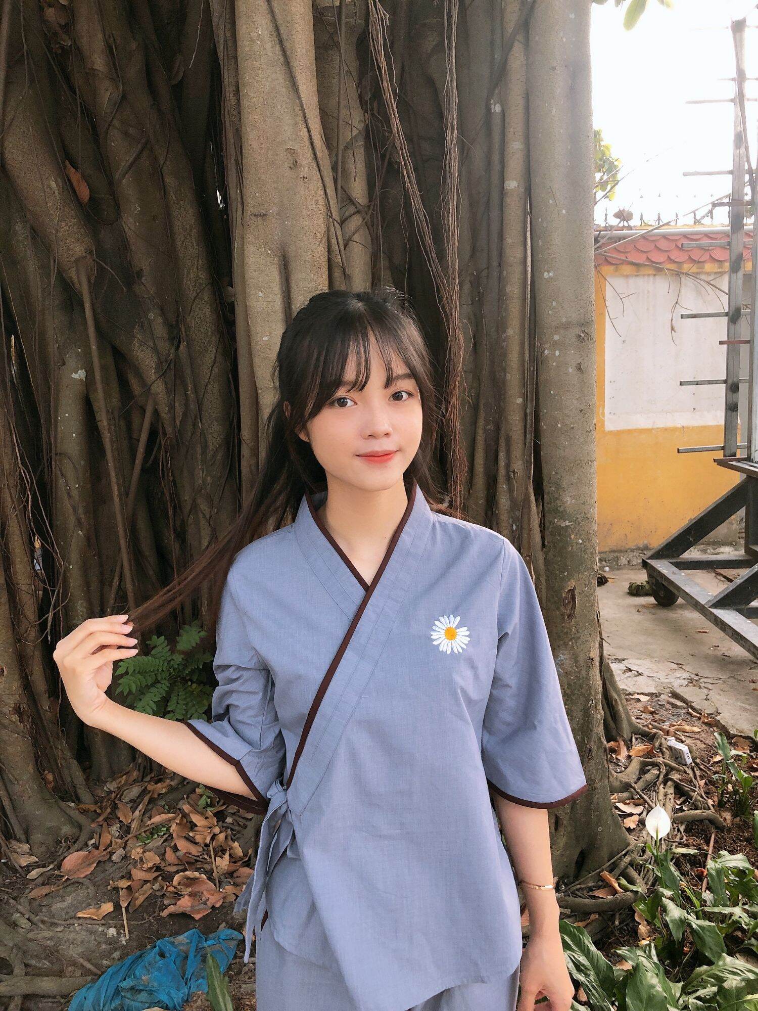 Đồ bộ nữ đi chùa chéo nơ cúc  (lam)