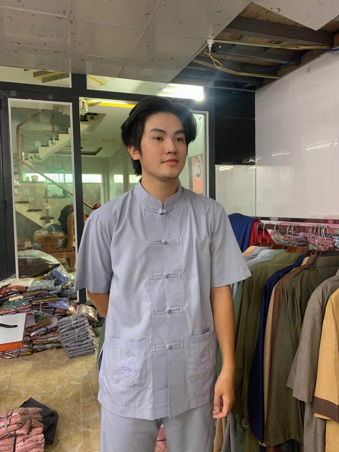 Bộ nam đi chùa cao cấp kate (lam)