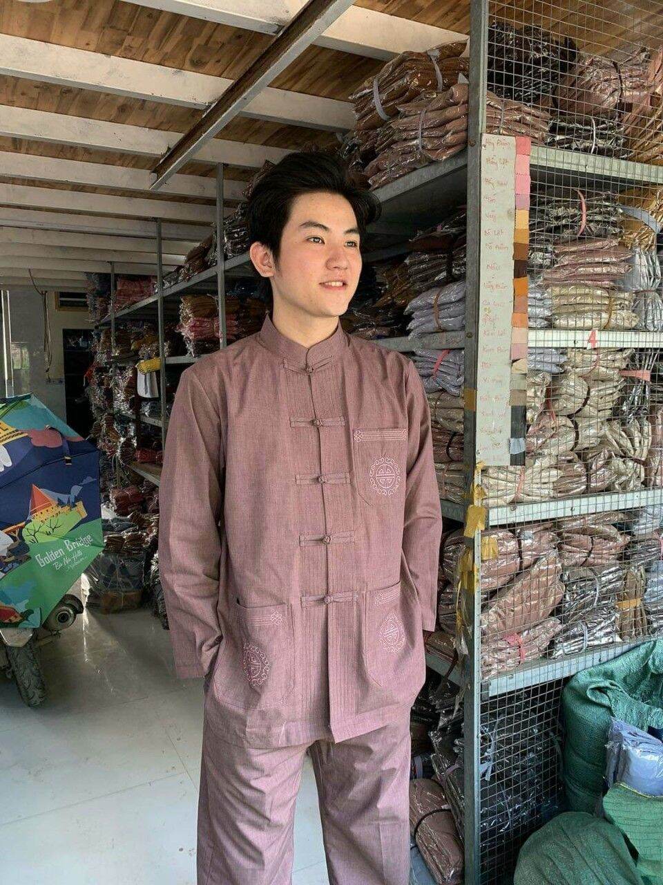 Đồ nam đi chùa cao cấp, vải tixi (nâu)