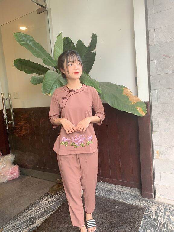 Bộ vải Kate đi chùa viền đôi (ca cao)