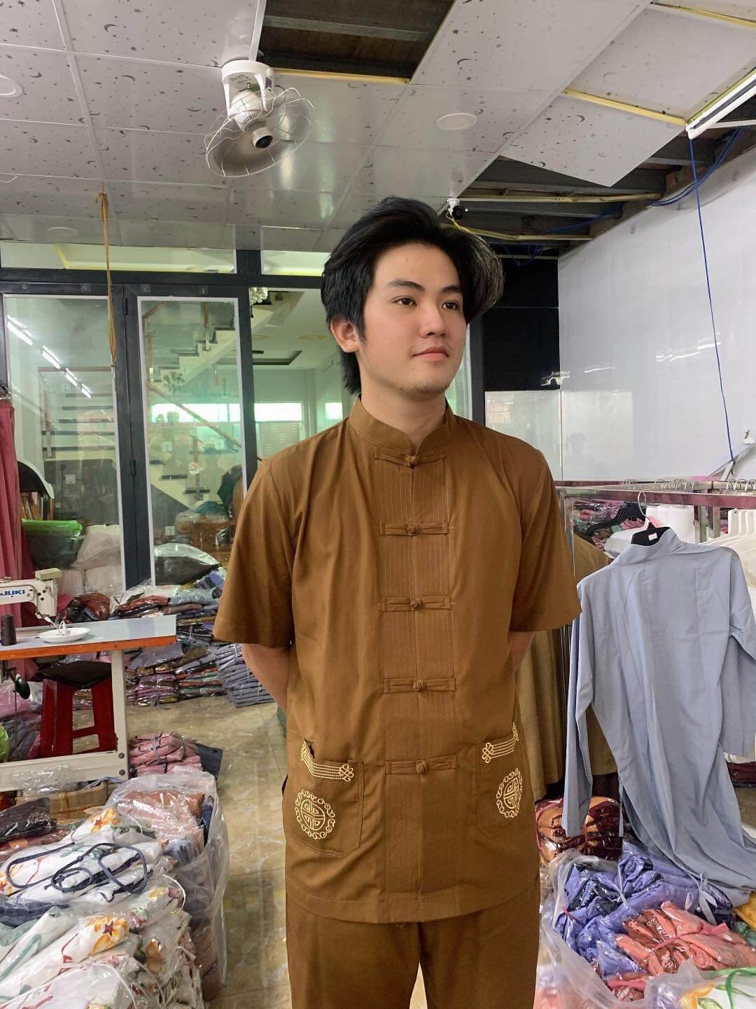 Bộ nam đi chùa cao cấp kate (bò)