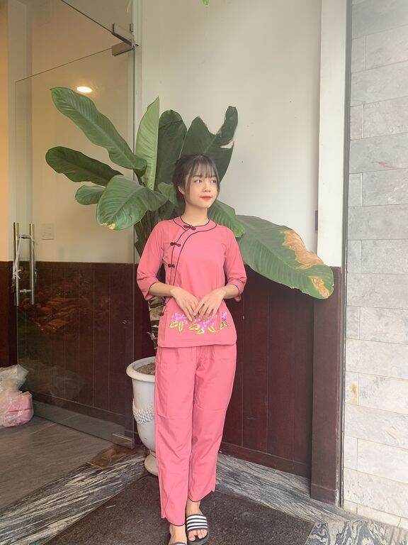 Bộ vải Kate đi chùa viền đôi (hồng đậm)