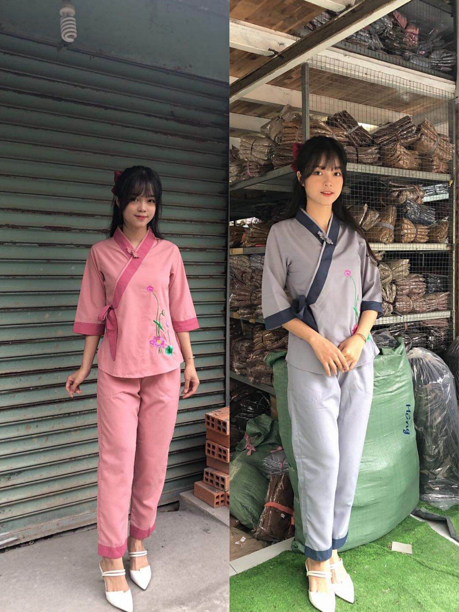 Đồ lam nữ phật tử phối sen ( hồng vôi)