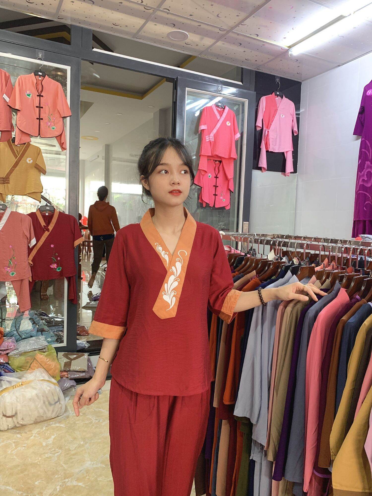 Đồ bộ nữ đi chùa cao cấp (đỏ cam)