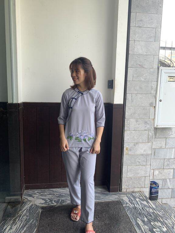 Bộ vải Kate đi chùa viền đôi (lam)