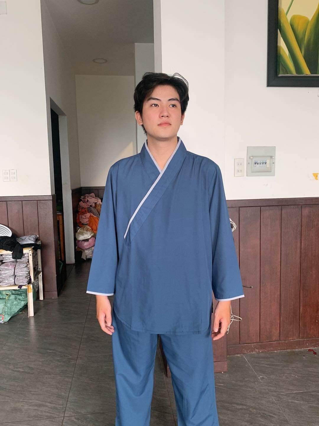 Đồ bộ nam đi chùa cổ chéo vải kte (xanh đá)