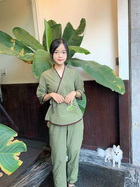 Đồ lam đi chùa bộ chéo nơ nữ phật tử vải tixi và kte (xanh rêu)