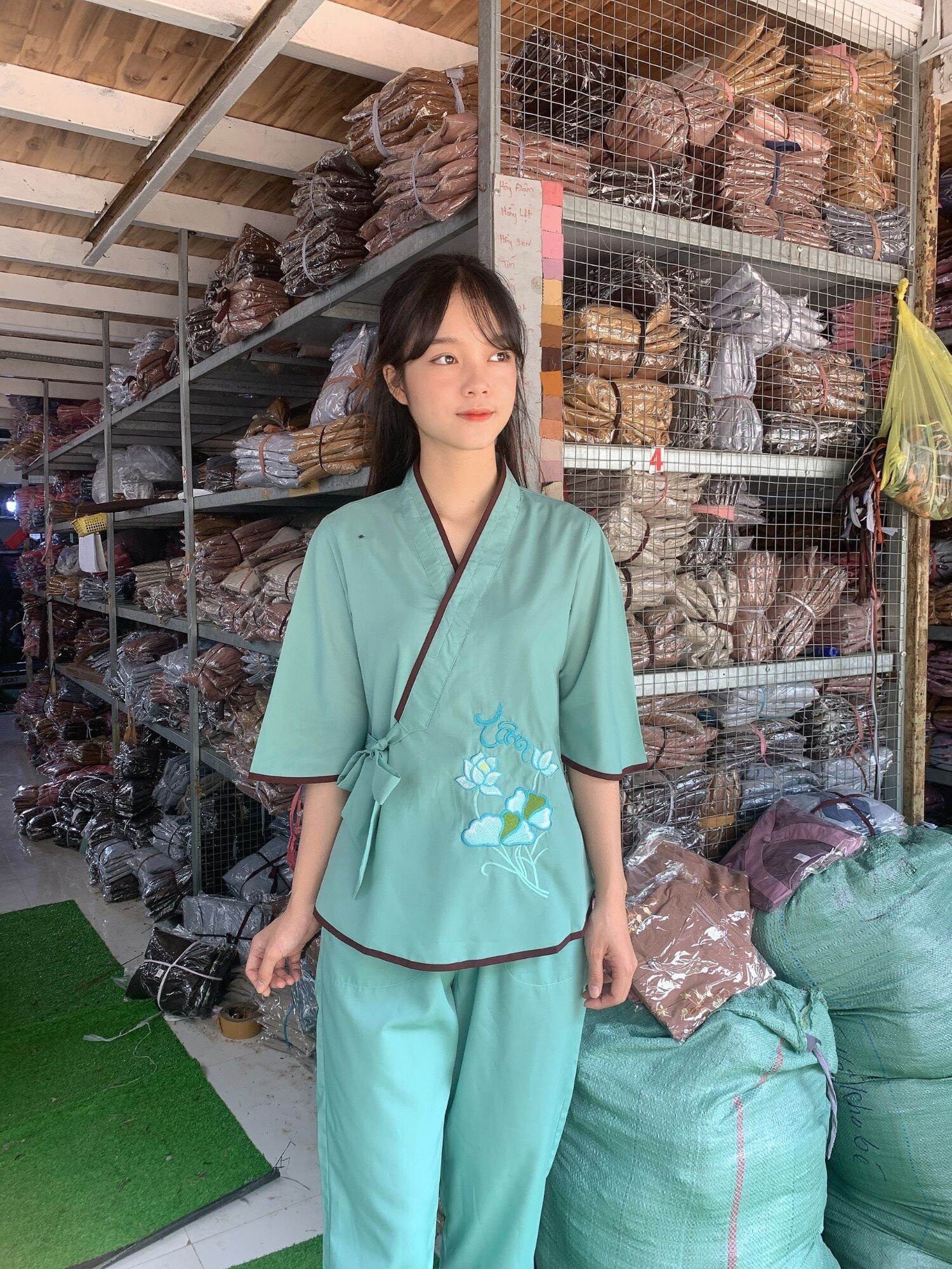 Đồ lam đi chùa bộ chéo nơ nữ phật tử vải tixi và kte (xanh ngọc)