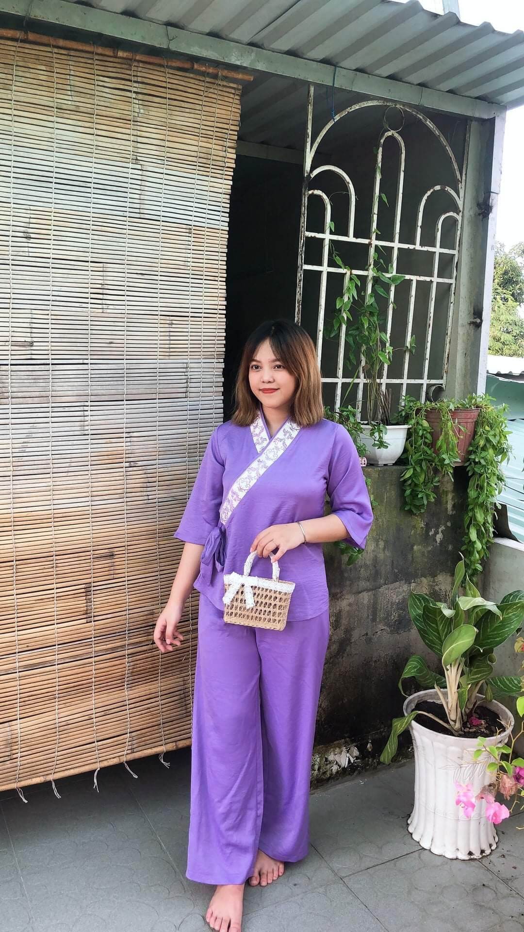 Bộ nữ phật tử đi chùa vải lụa cao cấp lụa pháp (tím)