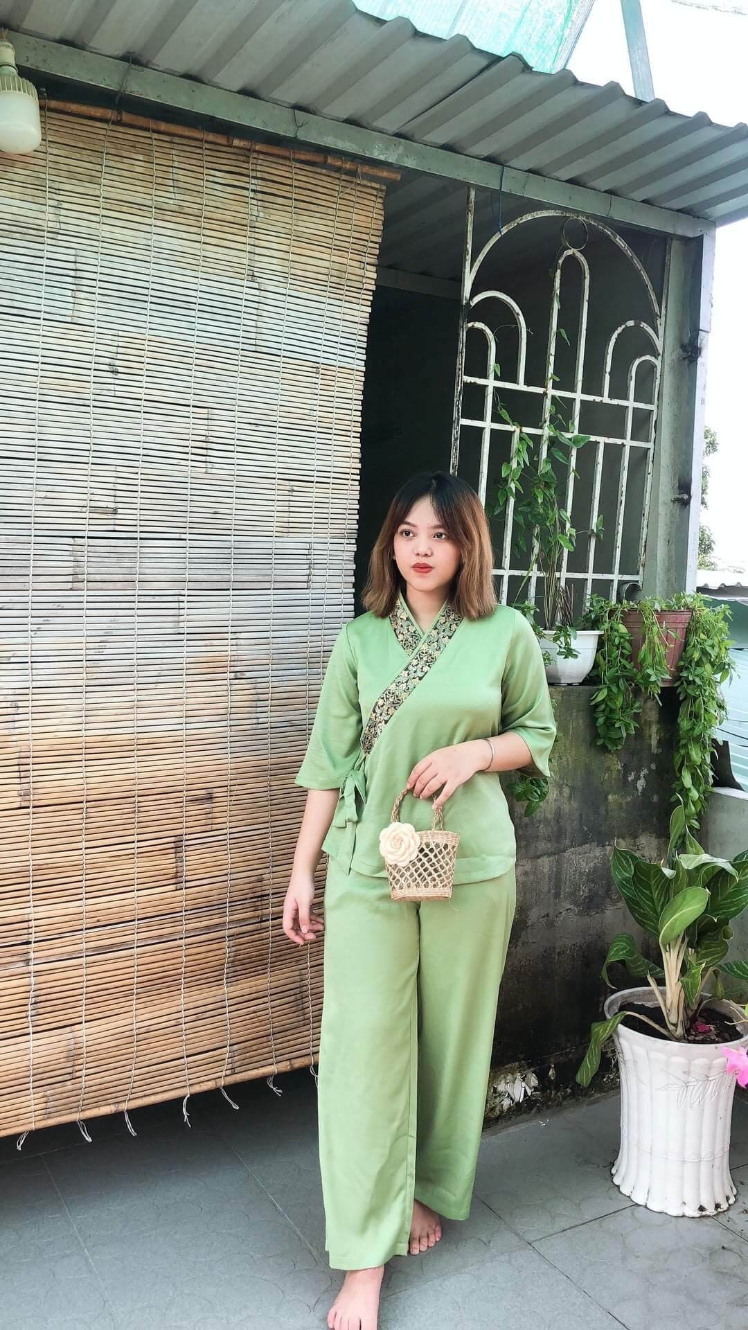 Bộ nữ phật tử đi chùa vải lụa cao cấp lụa pháp (xanh ngọc)