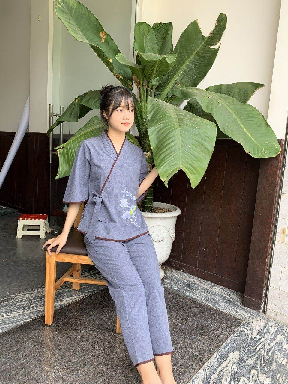 Đồ lam đi chùa bộ chéo nơ nữ phật tử vải tixi và kte (đá tixi)