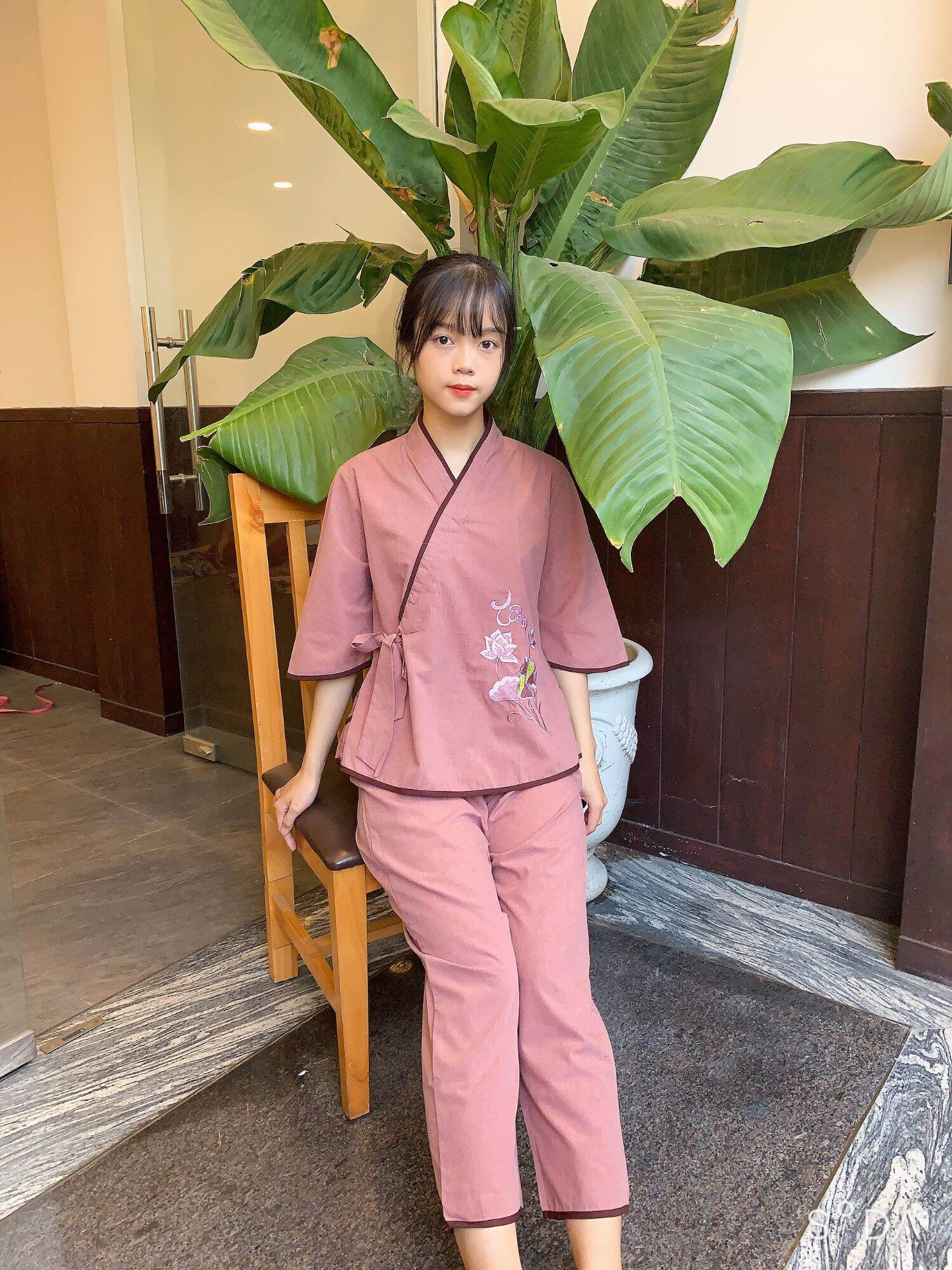 Đồ lam đi chùa bộ chéo nơ nữ phật tử vải tixi và kte (ca cao tixi)