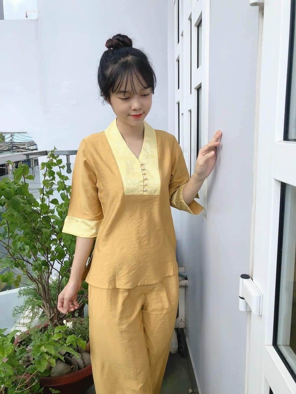 Đồ lam mẫu lụa phối tơ cao cấp (vàng)