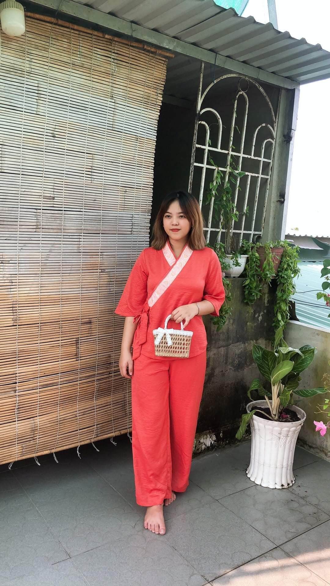 Bộ nữ phật tử đi chùa vải lụa cao cấp lụa pháp (cam)